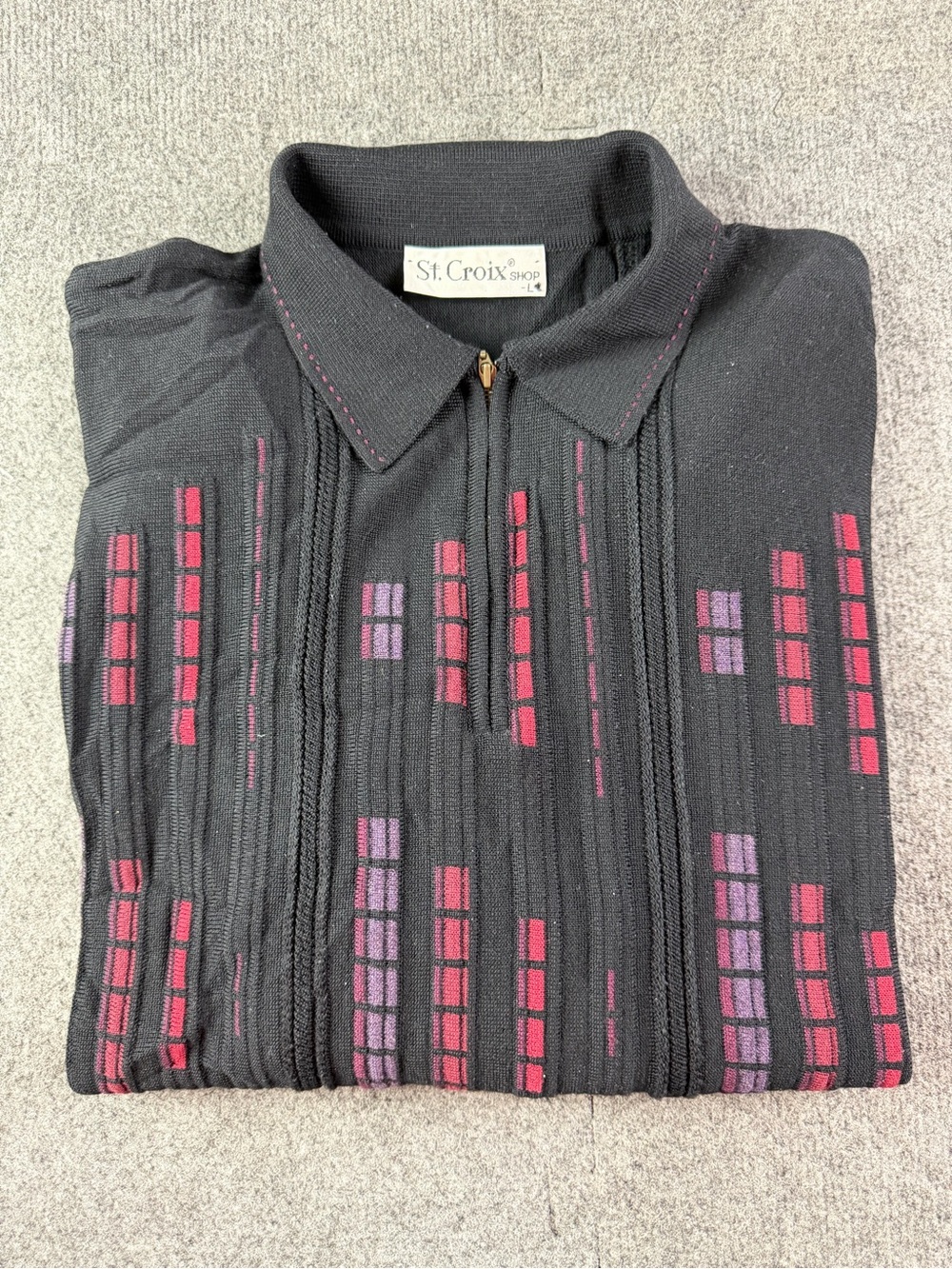 St Croix Shop Mens Wool Blend 1/4 Zip Long Sleeve Sweater Size L Black/Red